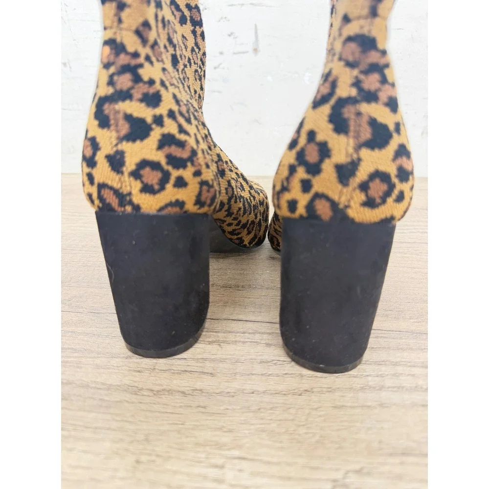 Leopard Print Sock Boots Block Heel Ankle Booties GS7553115Y Erika Tan Black 8.5